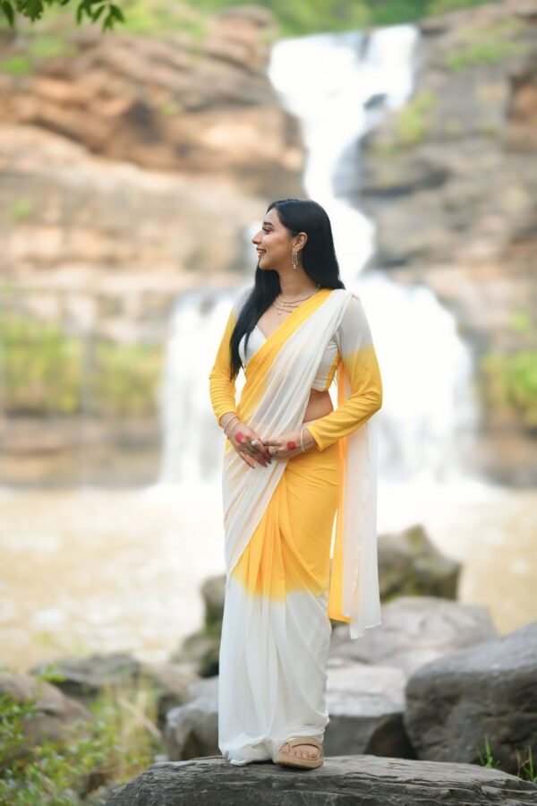 Yellow And White Ready To Wear Saree With Designer Unstitched Blouse - Image 6