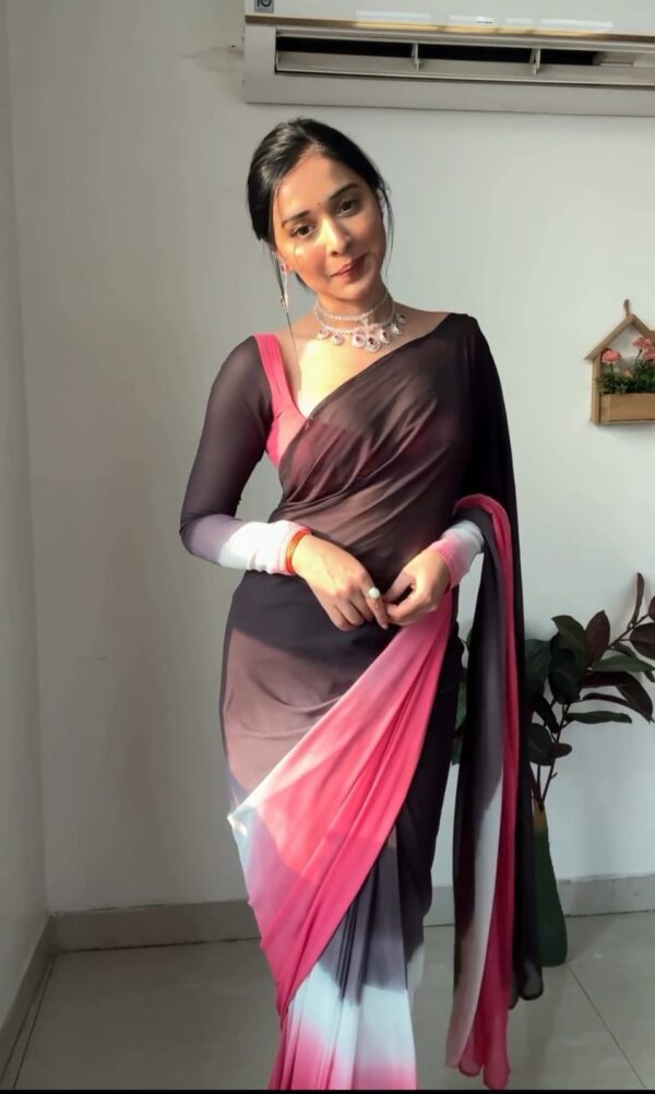 Black, Grey, White, And Pink Color Ombre Saree Georgette Ready To Wear Saree With Unstitched Blouse - Image 4