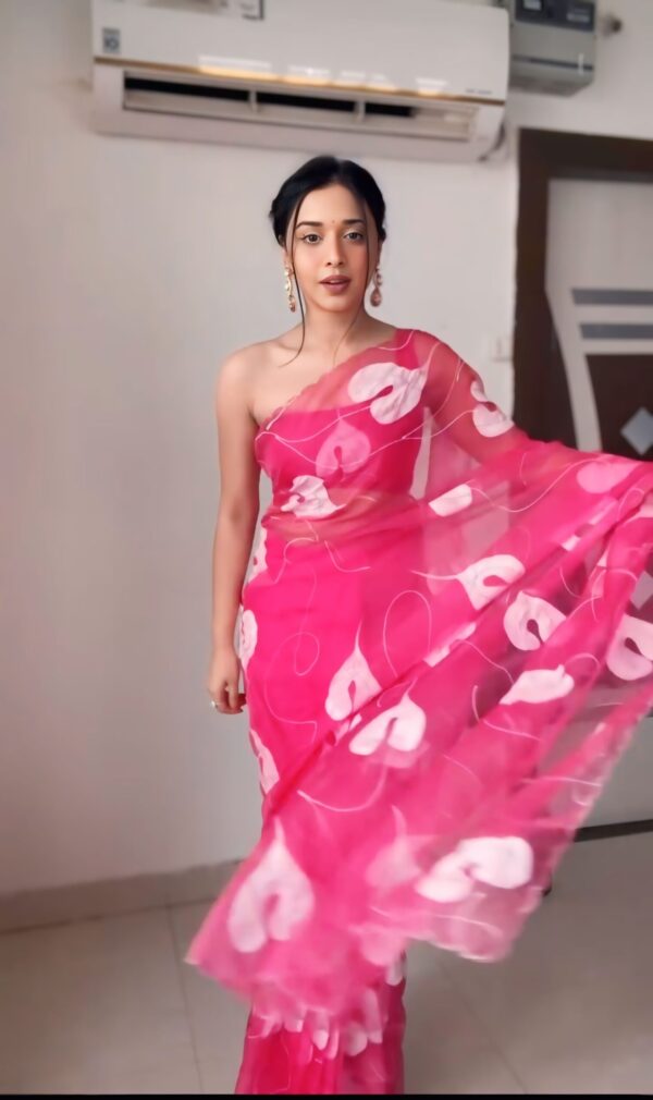 Pink White Abstract Floral Print Ready To Wear Saree With Designer Unstitched Blouse - Image 6