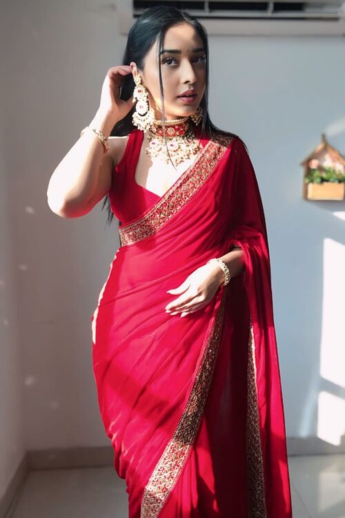 Red Color Golden Sequin Border Velvet Ready To Wear Saree With Unstitched Blouse