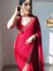 Red Color Golden Sequin Border Velvet Ready To Wear Saree With Unstitched Blouse