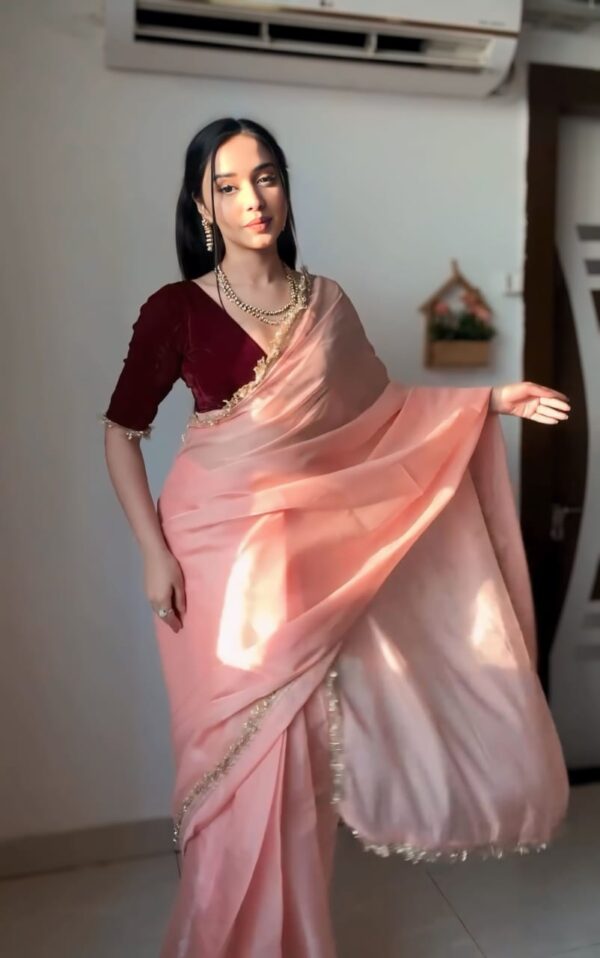 Peach Color Golden Sequin Border Velvet Ready To Wear Saree With Unstitched Blouse - Image 5