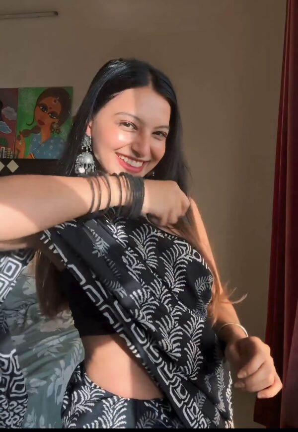 Black Color Soft Linen Handblock-inspired Geometric And Leaf Motifs Ready To Wear Saree With Unstitched Blouse - Image 3