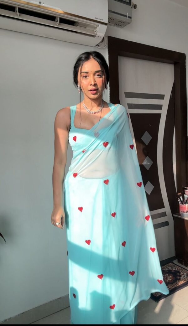 Pastel Blue Color Red And Silver Heart Motifs Georgette Ready To Wear Saree With Unstitched Blouse - Image 4