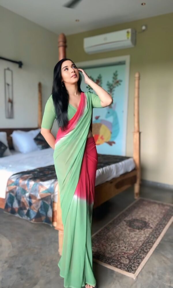 Pink And Leaf Green Georgette Soft Ombré Effect Ready To Wear Saree With Unstitched Blouse - Image 5