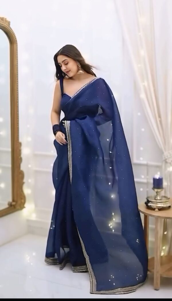 Organza Saree With Elegant Blue Stripes Ready To Wear Saree With Unstitched Blouse - Image 6