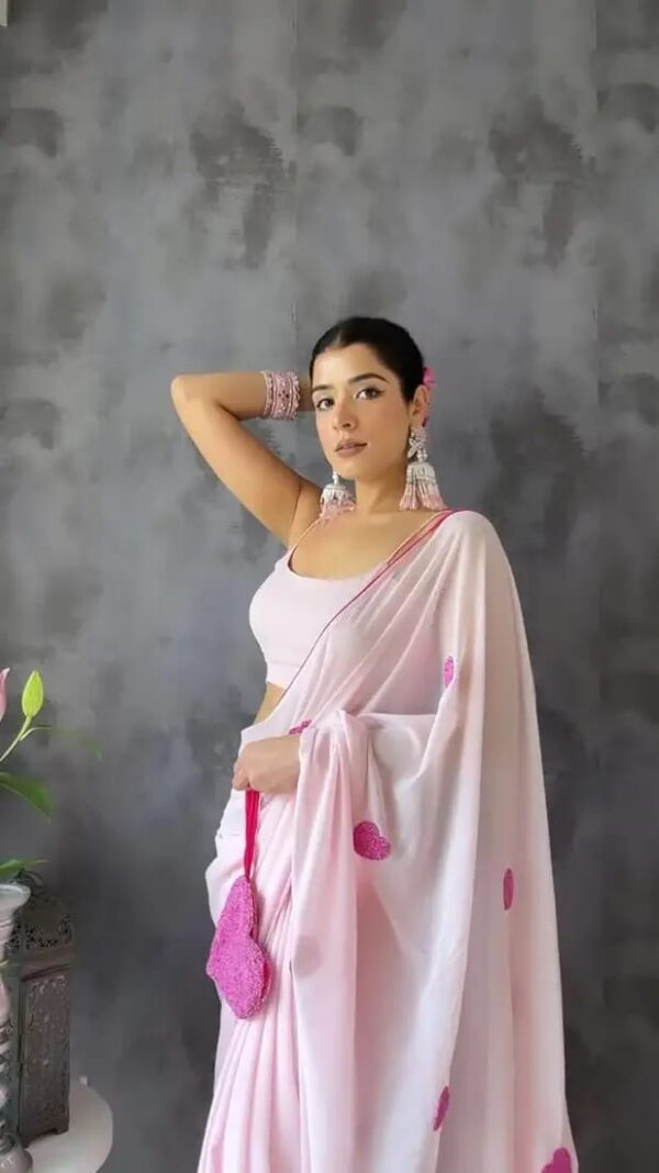 Baby Pink Heart Embellishments Georgette Ready To Wear Saree With Unstitched Blouse - Image 4