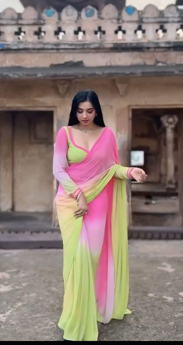 Pastel Yellow And Pink Shades Georgette Soft Ombré Blend Ready To Wear Saree With Unstitched Blouse - Image 7
