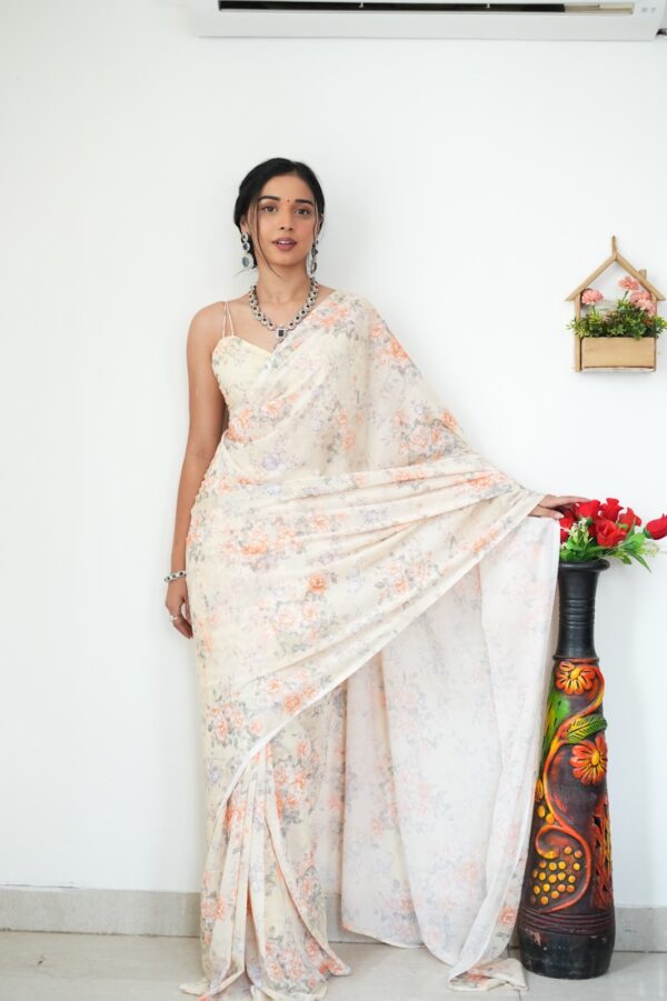 Light Cream With Pastel Orange And Lilac Floral Prints Georgette Ready To Wear Saree With Unstitched Blouse - Image 6