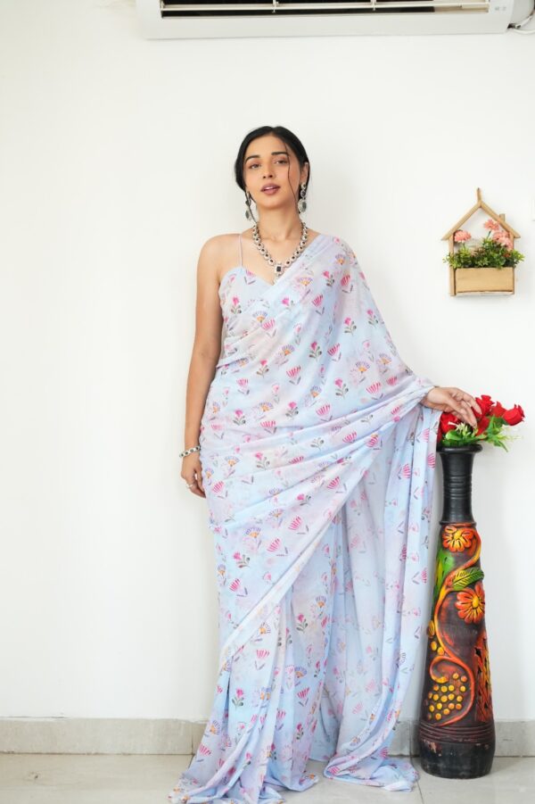 Light Blue With Multicolor Floral And Fan Motifs Georgette Ready To Wear Saree With Unstitched Blouse - Image 6