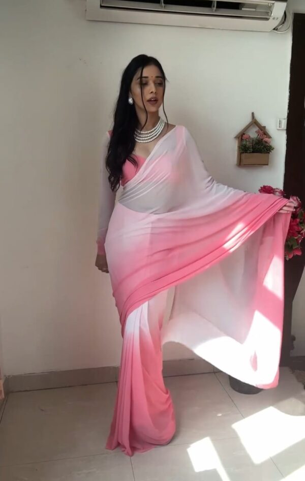 Baby Pink And White Omber Print Georgette Ready To Wear Saree With Unstitched Blouse - Image 5