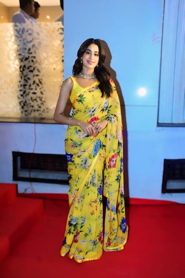 Bright Yellow With Multicolor Floral Print Georgette Ready To Wear Saree With Unstitched Blouse - Image 3