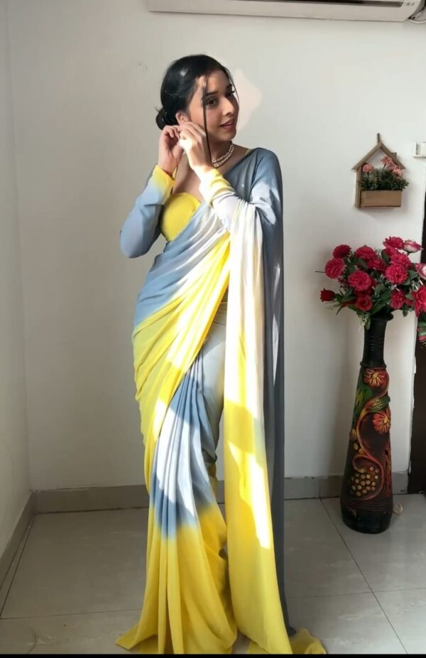 Yellow And Grey Omber paint Georgette Ready To Wear Saree With Unstitched Blouse - Image 5