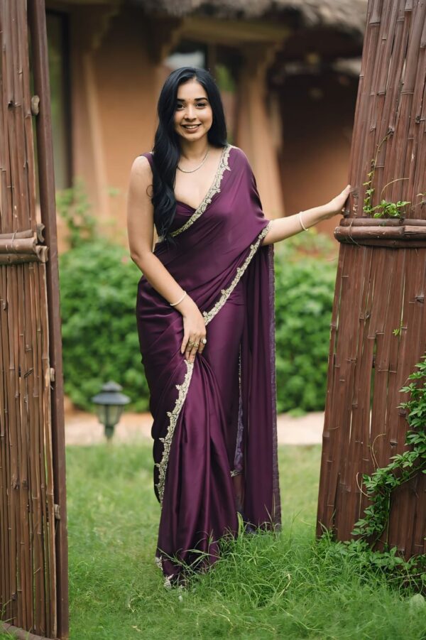 Wine-Colored Rangoli Ivory Lace Embroidery Ready To Wear Saree With Unstitched Blouse - Image 6