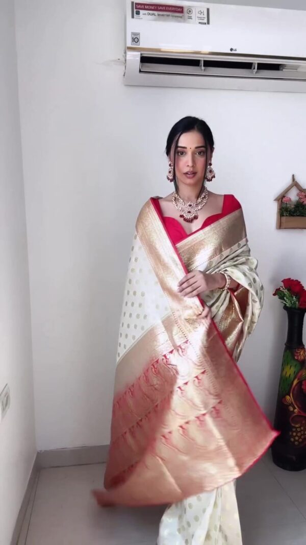 Cream Banarasi Silk Saree With Rich Golden Zari Ready To Wear Saree With Unstitched Blouse - Image 6