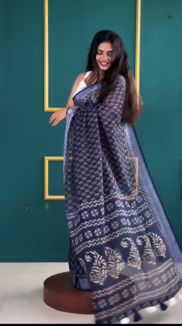 Navy Blue Color Soft Linen Handblock-inspired Geometric And Leaf Motifs Ready To Wear Saree With Unstitched Blouse - Image 2