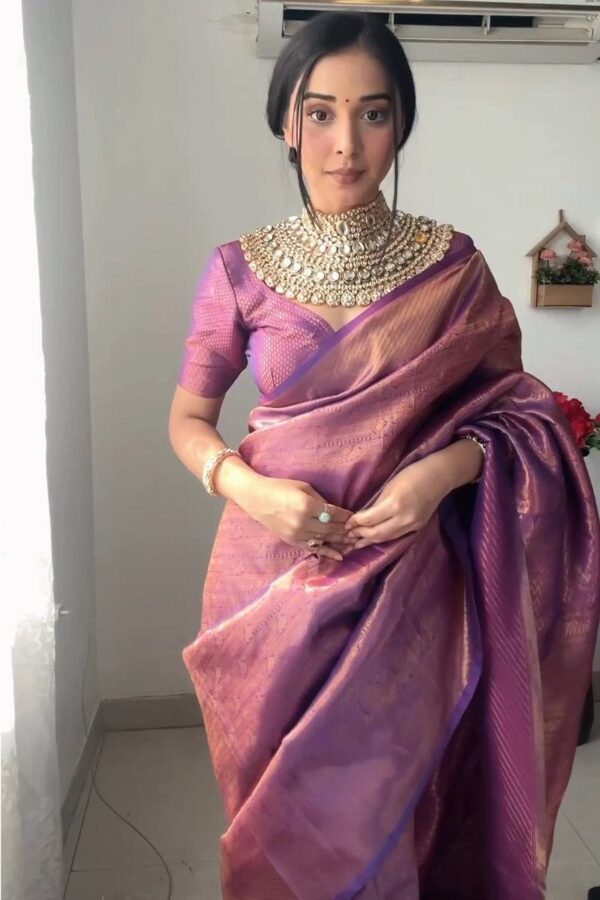 Purple Banarasi Silk Saree With Intricate Zari Work Ready To Wear Saree With Unstitched Blouse - Image 4