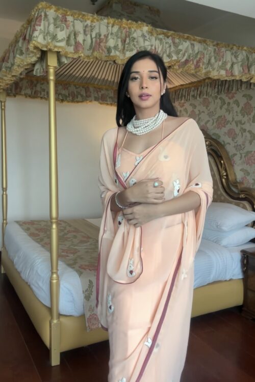 Peach Color White And Maroon Thread Embroidered Motifs Georgette Ready To Wear Saree With Unstitched Blouse