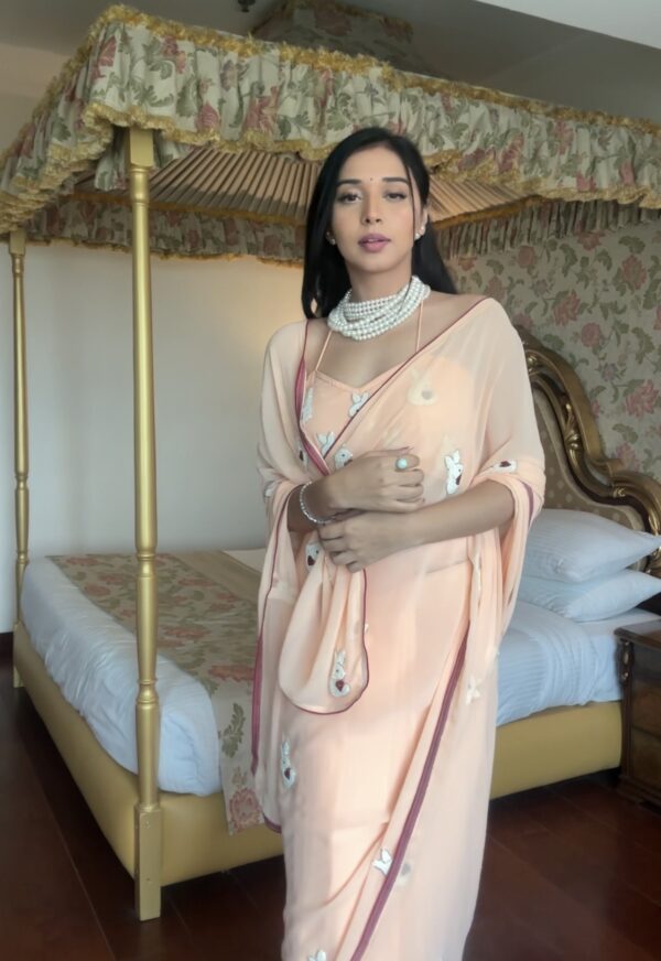 Peach Color White And Maroon Thread Embroidered Motifs Georgette Ready To Wear Saree With Unstitched Blouse