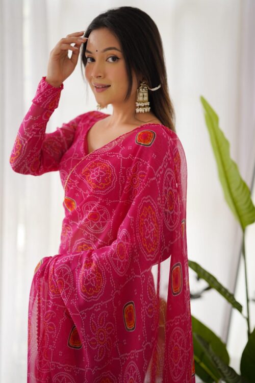 Pink Bandhani Silver Heart Embroidery Ready To Wear Saree With Unstitched Blouse