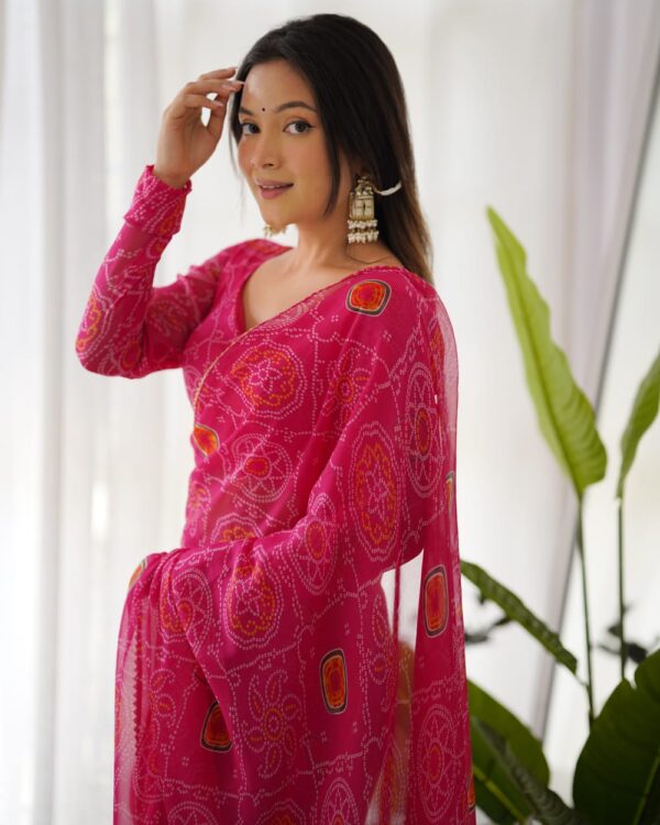 Pink Bandhani Silver Heart Embroidery Ready To Wear Saree With Unstitched Blouse
