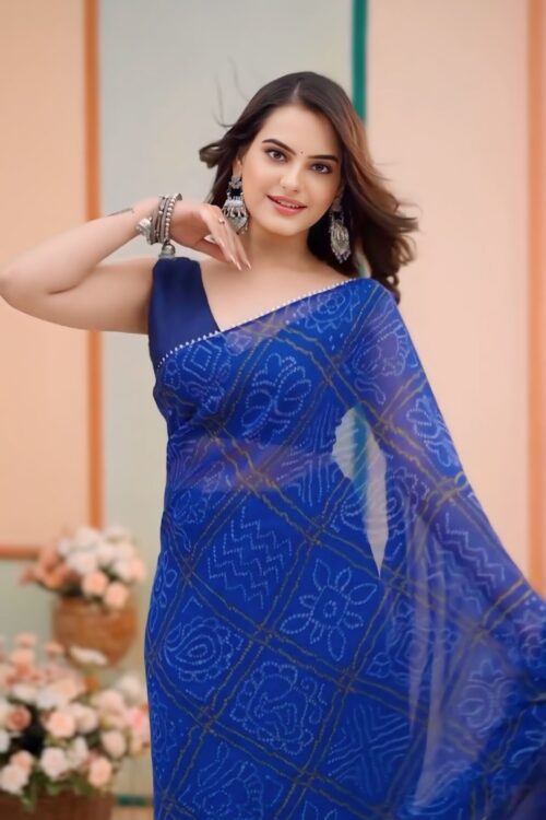 Royal Blue Georgette Bandhani Print With Golden Geometric Patterns Ready To Wear Saree With Unstitched Blouse