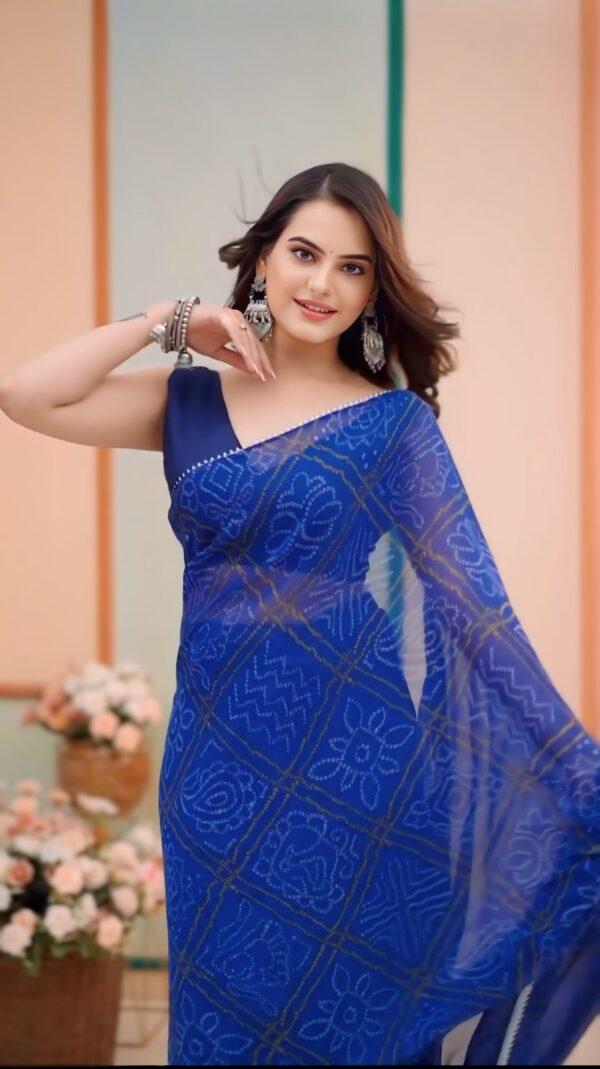 Royal Blue Georgette Bandhani Print With Golden Geometric Patterns Ready To Wear Saree With Unstitched Blouse