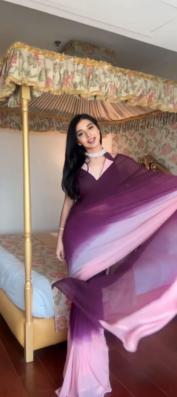 Wine, Mauve, And Blush Pink Ombré Shades Georgette Ready To Wear Saree With Unstitched Blouse - Image 5