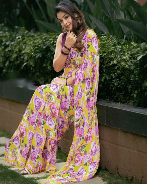 Yellow Floral Printed Georgette Saree with Crochet Lace Border – Lightweight Casual Elegance - Image 5
