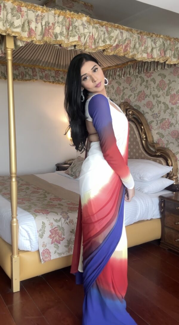 White, Red, Yellow, And Royal Blue Ombré Shades Georgette Ready To Wear Saree With Unstitched Blouse - Image 6