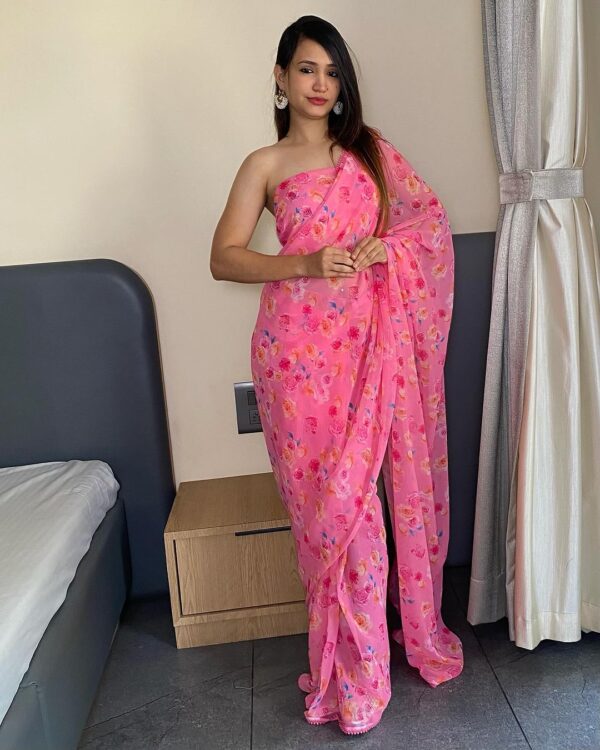 Light Pink Georgette Multicolor Floral Prints Lace Border Ready To Wear Saree With Unstitched Blouse - Image 6