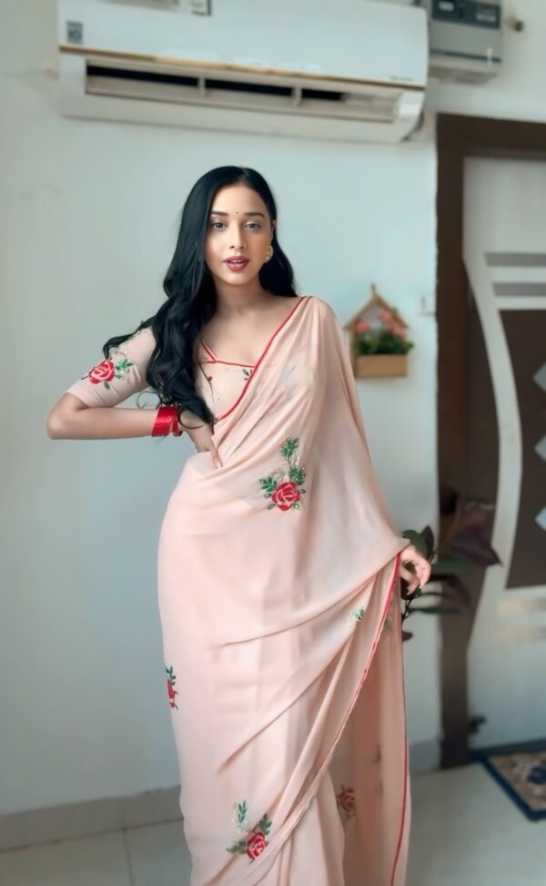Pastel Peach Georgette Floral Embroidery Red Piping Border Ready To Wear Saree With Unstitched Blouse - Image 6