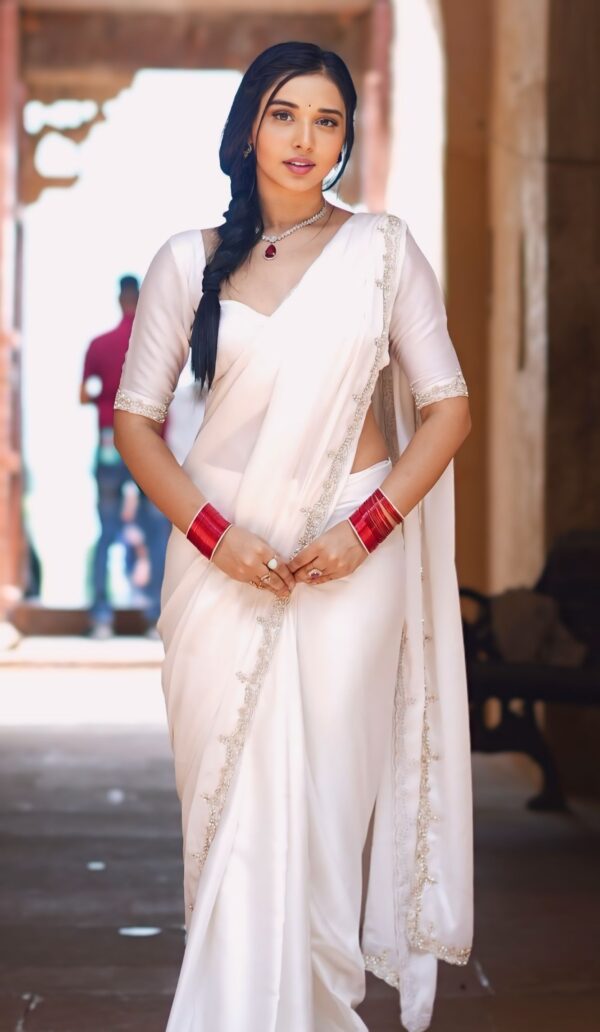 Pure White Rangoli Ivory Lace Embroidery Ready To Wear Saree With Unstitched Blouse - Image 6