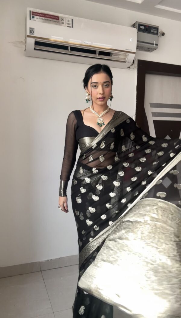 black cotton banarasi silver zari motifs saree Ready To Wear Saree With Unstitched Blouse - Image 5