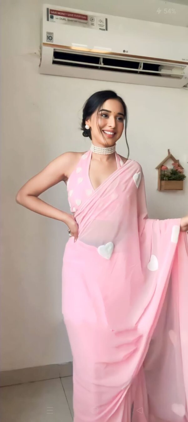 Soft Pink Georgette Saree With Cute White Heart Ready To Wear Saree With Unstitched Blouse - Image 5