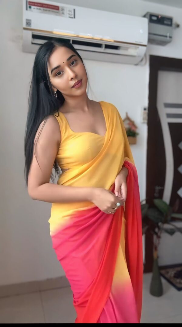 Yellow-to-pink Ombre Gradient Georgette Ready To Wear Saree With Unstitched Blouse - Image 6