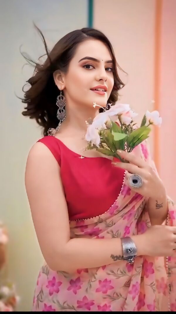 Soft Pink Floral Prints And Lace Border Georgette Ready To Wear Saree With Unstitched Blouse - Image 5