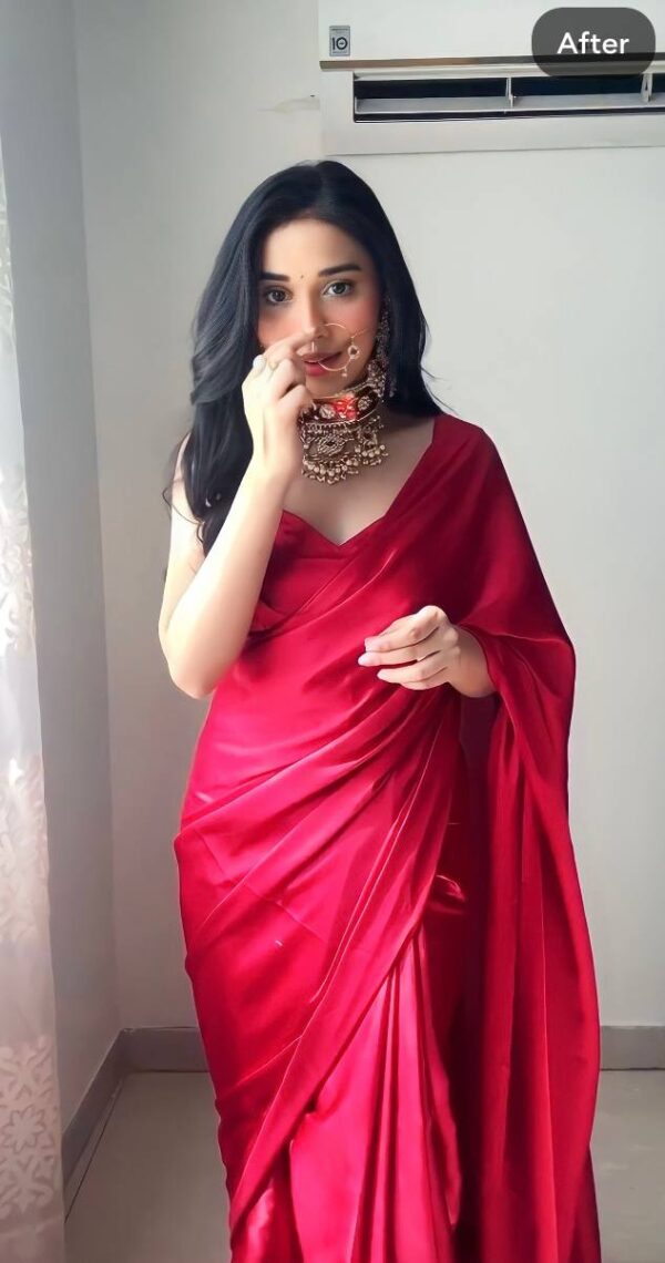 Red Satin Saree Ready To Wear Saree With Unstitched Blouse - Image 5