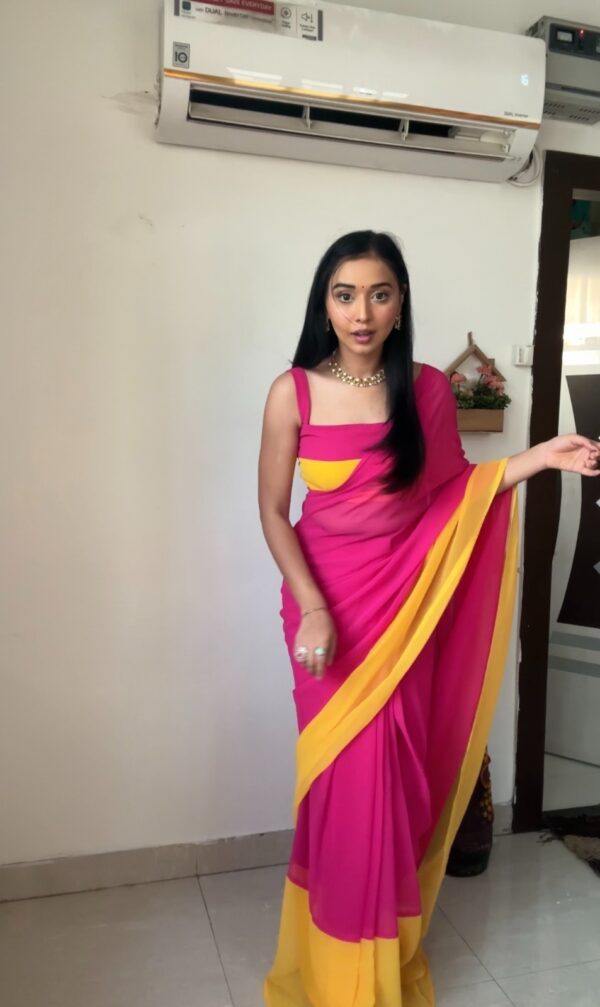 Bright Pink And Yellow Ombré Shades Georgette Ready To Wear Saree With Unstitched Blouse - Image 5