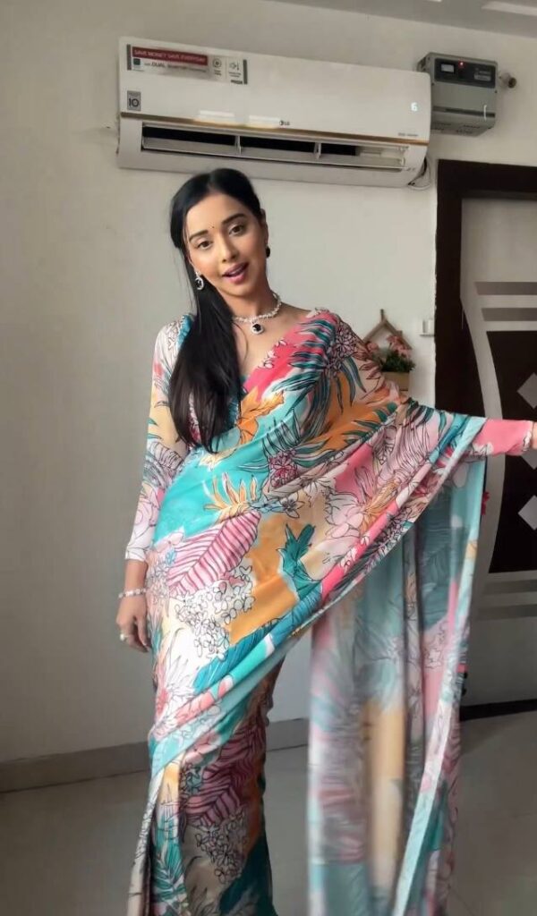 Sky Blue Multicolor Floral And Tropical Print Georgette Ready To Wear Saree With Unstitched Blouse - Image 4