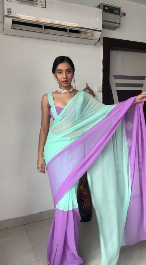 Mint Green And Lavender Omber Pattern Georgette Ready To Wear Saree With Unstitched Blouse - Image 4