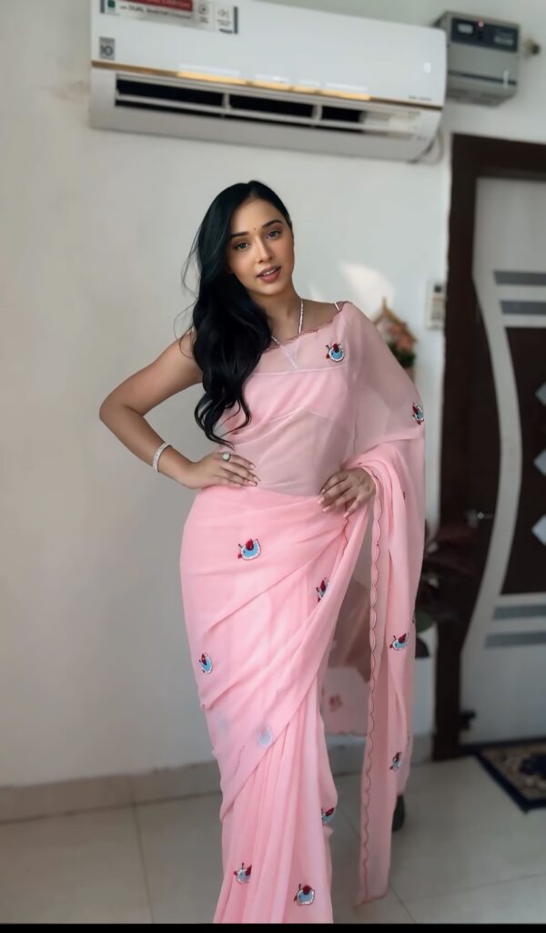 Light Pink White Embroidered Motifs Georgette Ready To Wear Saree With Unstitched Blouse - Image 4