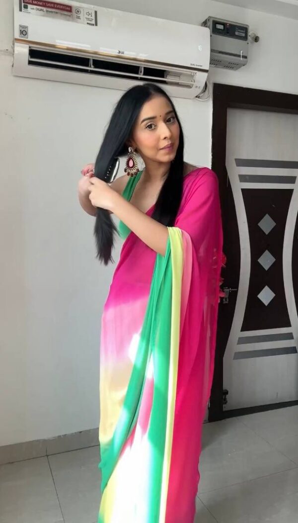 Pink, Yellow, And Green Omber Pattern Georgette Ready To Wear Saree With Unstitched Blouse - Image 6