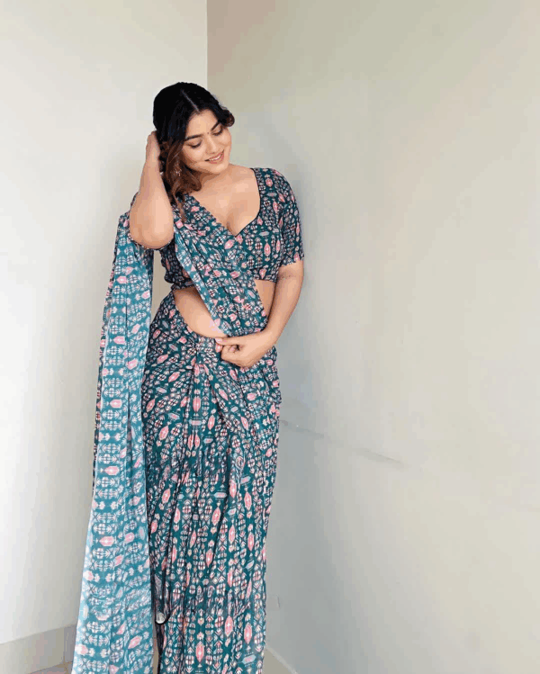 Deep Teal Shade Floral Pink-white Print Georgette Ready To Wear Saree With Unstitched Blouse - Image 6