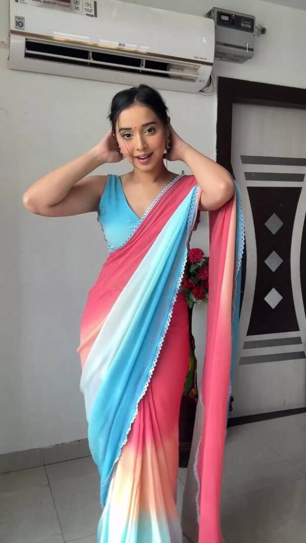 Pink, Olive Green, Aqua Blue, And Purple Omber Pattern Georgette Ready To Wear Saree With Unstitched Blouse - Image 5