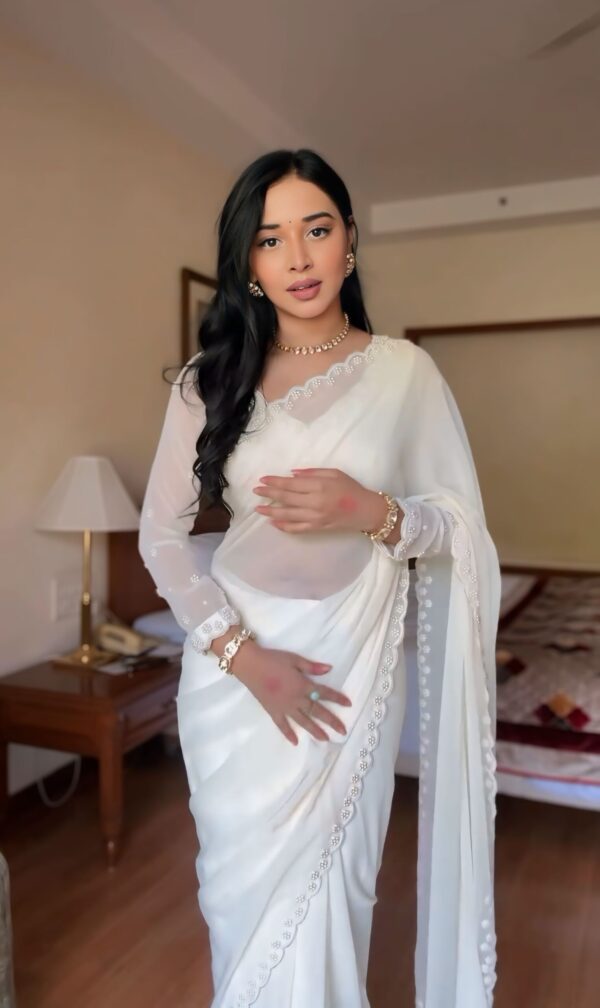 Pure White GeorgetteEmbroidered Scallop Lace On The Borders Georgette Ready To Wear Saree With Unstitched Blouse - Image 5