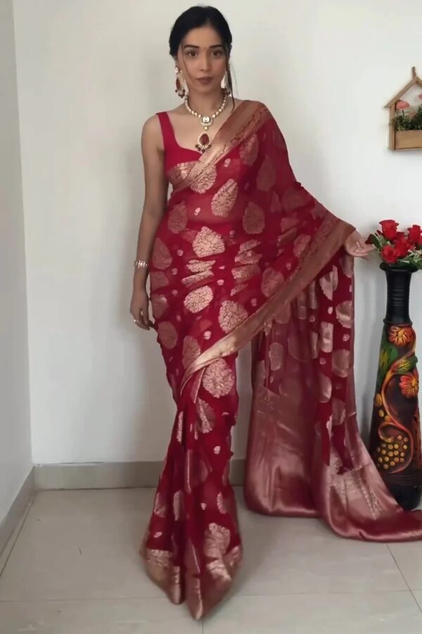 Maroon-red Hue banarasi silver zari motifs saree Ready To Wear Saree With Unstitched Blouse - Image 4