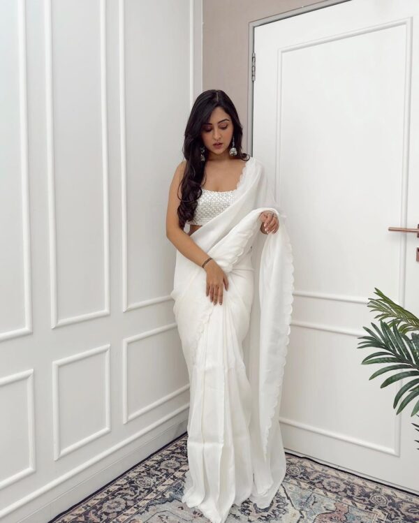 White Rangoli Silk With Scalloped Borders Ready To Wear Saree With Unstitched Sequin-Embroidered Blouse - Image 6