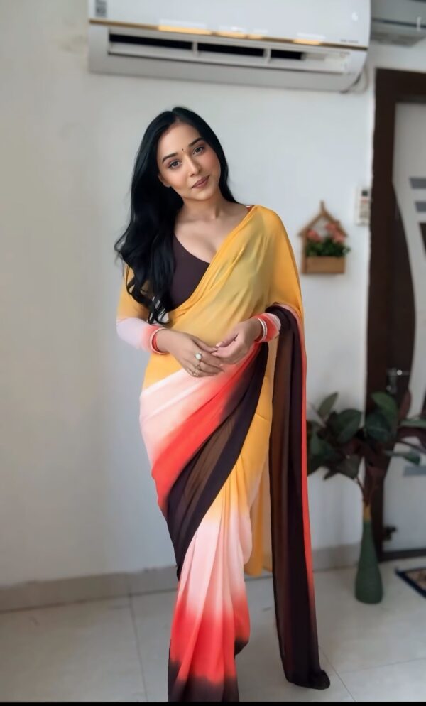 Yellow, Red, Peach, And Brown Shades Georgette ombre design Ready To Wear Saree With Unstitched Blouse - Image 5