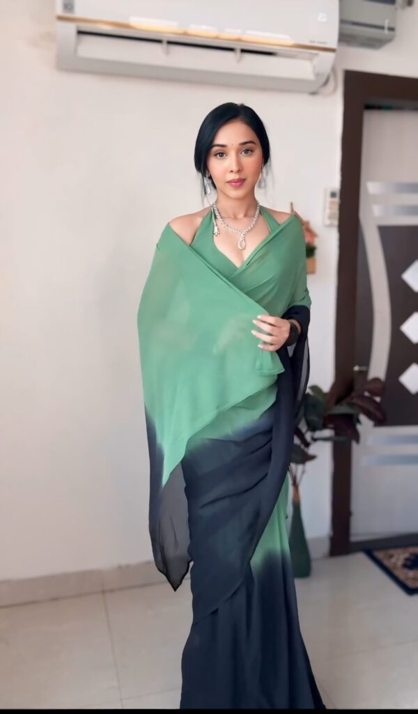 Green To Black Ombre Effect Georgette Ready To Wear Saree With Unstitched Blouse - Image 6